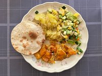  Home cooking: Open omelet, potato, vegetables and flour tortilla